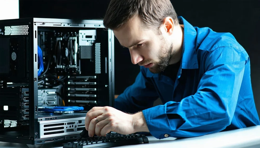 Technician repairing a desktop computer Technician repairing a desktop computer